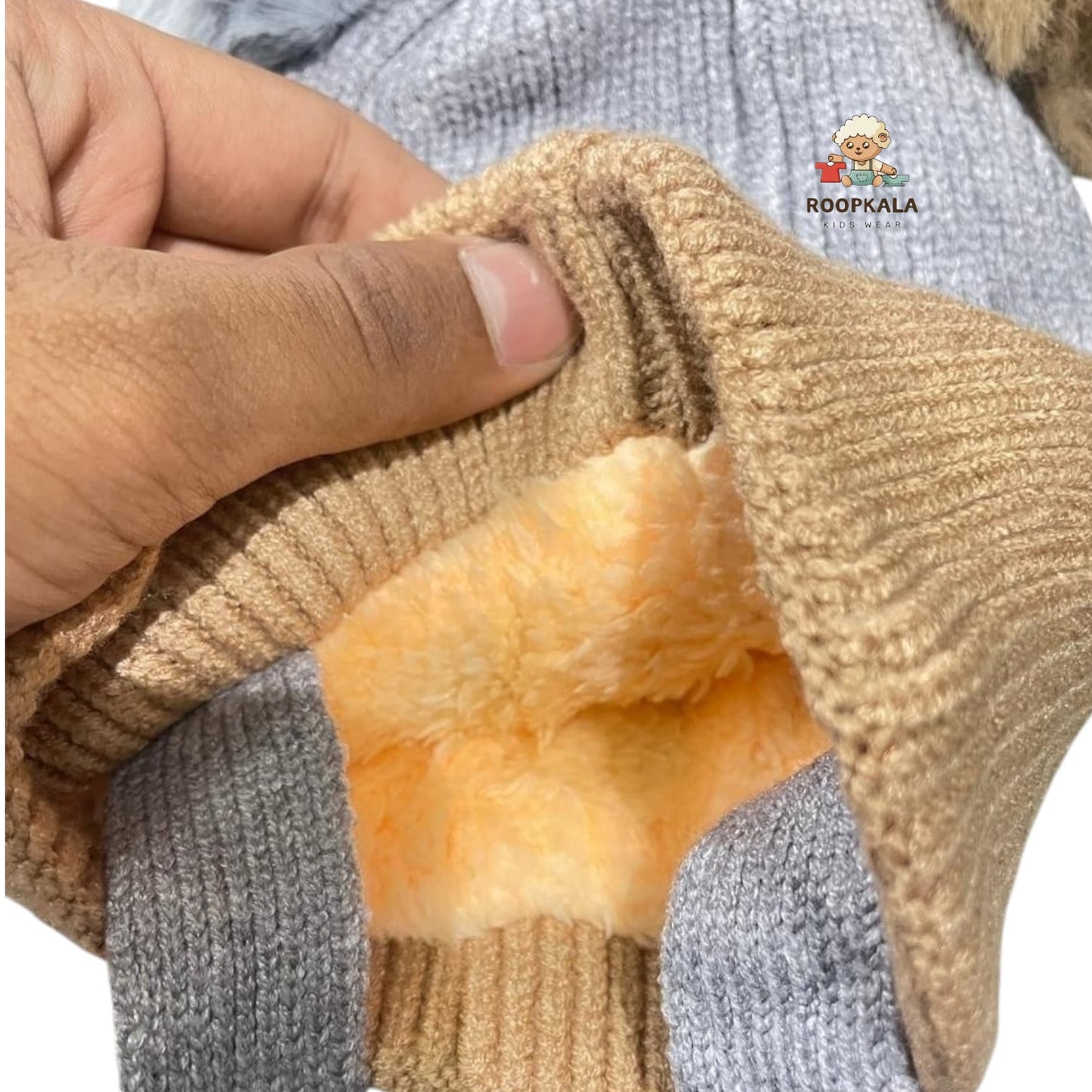 Double Pom-Pom Animal Ear Baby Winter Cap | Soft Knitted Cartoon Face Beanie for 6 Months to 3 Years (grey)