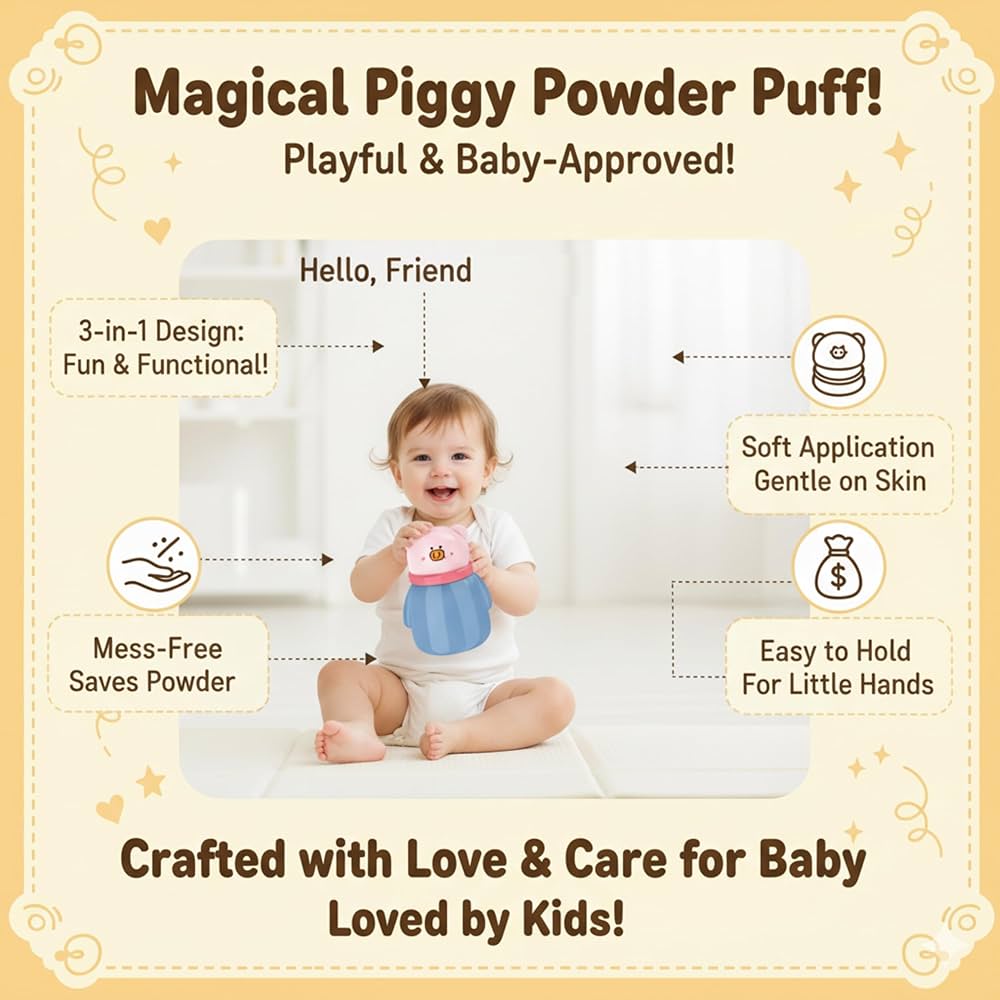 Powder Puff Box – Bear Design | with Soft Applicator for Newborns & Infants |(Pig Powder Puff)(blue)