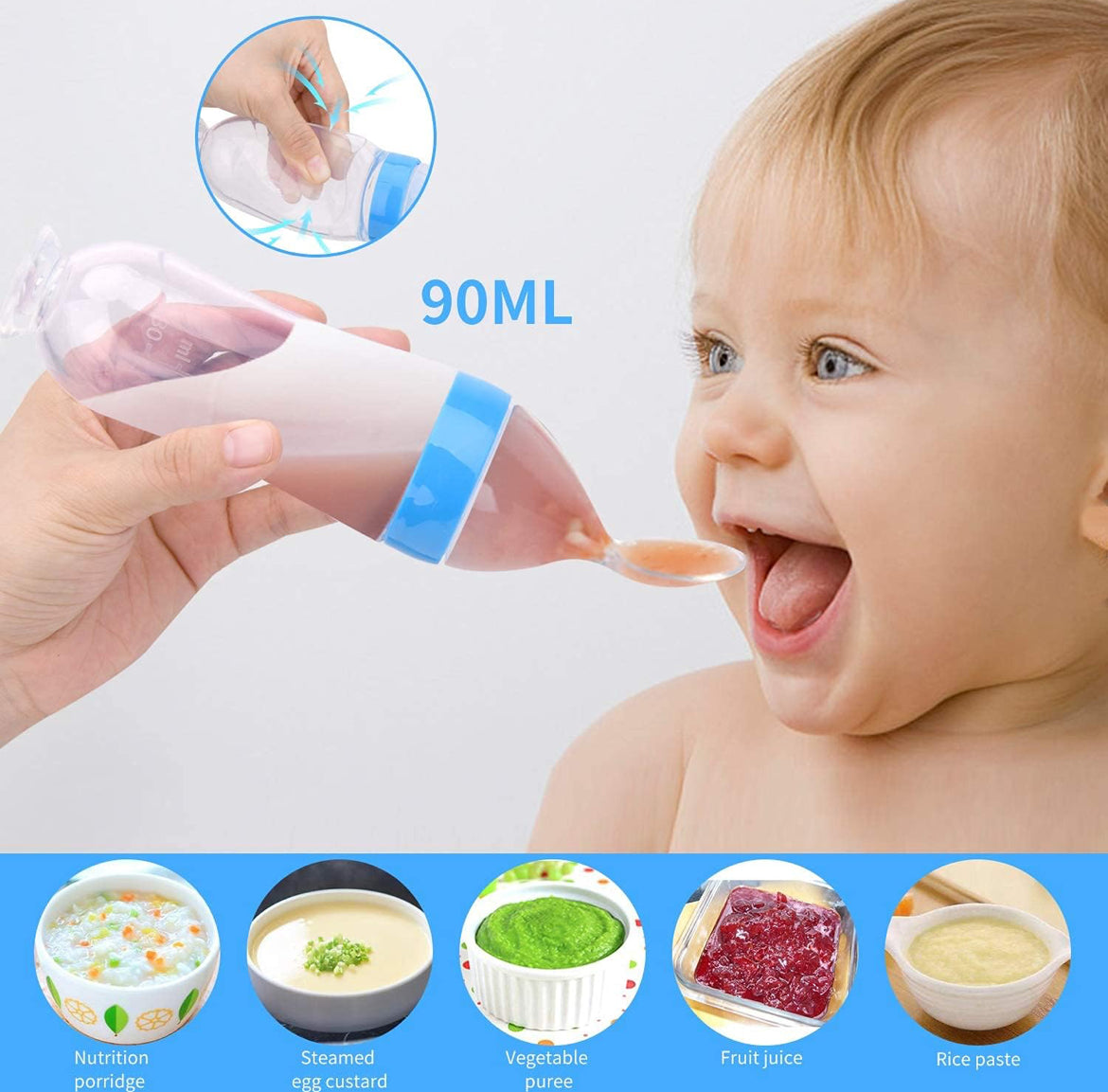 Baby Silicone Squeeze Feeder with Food Dispensing Spoon Cereal Feeding Bottle for Infant,Airtight Food Storage Containers - 90ml (mix any colour)