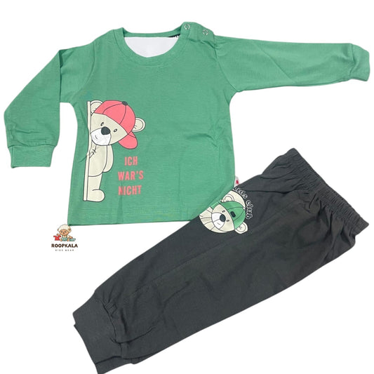 Baby Cotton Suit 0–6 Months – Soft & Comfortable Daily Wear Set| teddy print (green)