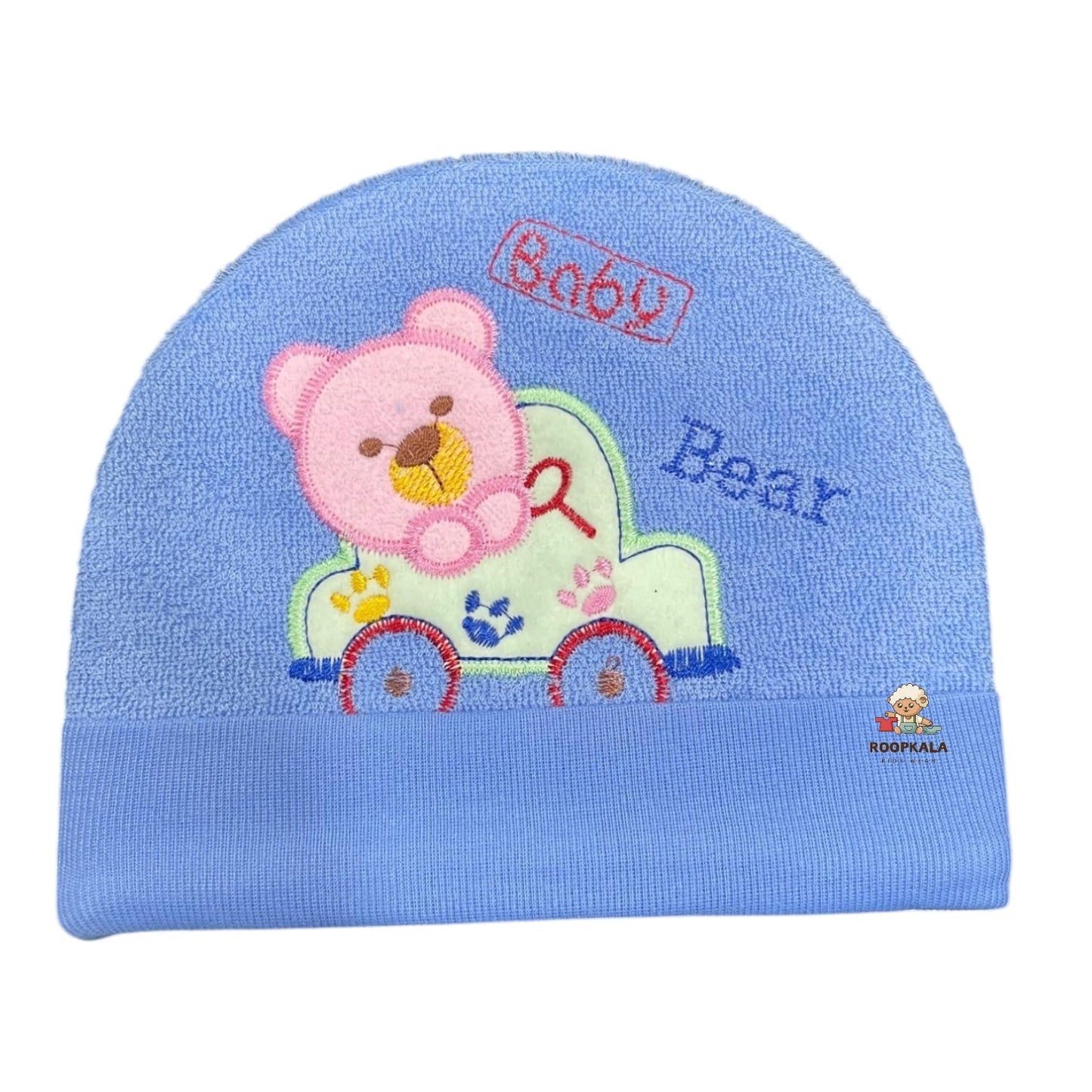 Embroidered teddy fancy Supersoft Cotton Hosiery Caps for 6 to 12 Months Baby Boys and Baby Girls (blue)