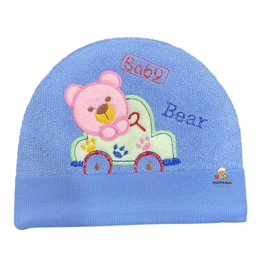 Embroidered teddy fancy Supersoft Cotton Hosiery Caps for 6 to 12 Months Baby Boys and Baby Girls (blue)