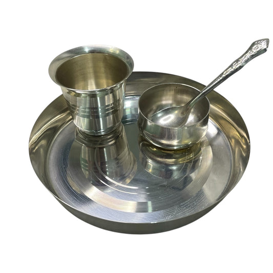 Pure Steel Traditional Dinner Set, 4 Pieces with Thali, 1 Bowls, Glass and Spoon