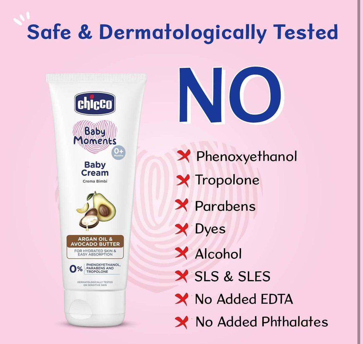 Chicco Baby Moments Baby Cream for Babies with Argan Oil & Avocado Butter, 100g| Natural Ingredients for Hydrated Skin | Dermatologically Tested | Phenoxyethanol, Parabens & Lauryl sulphates free