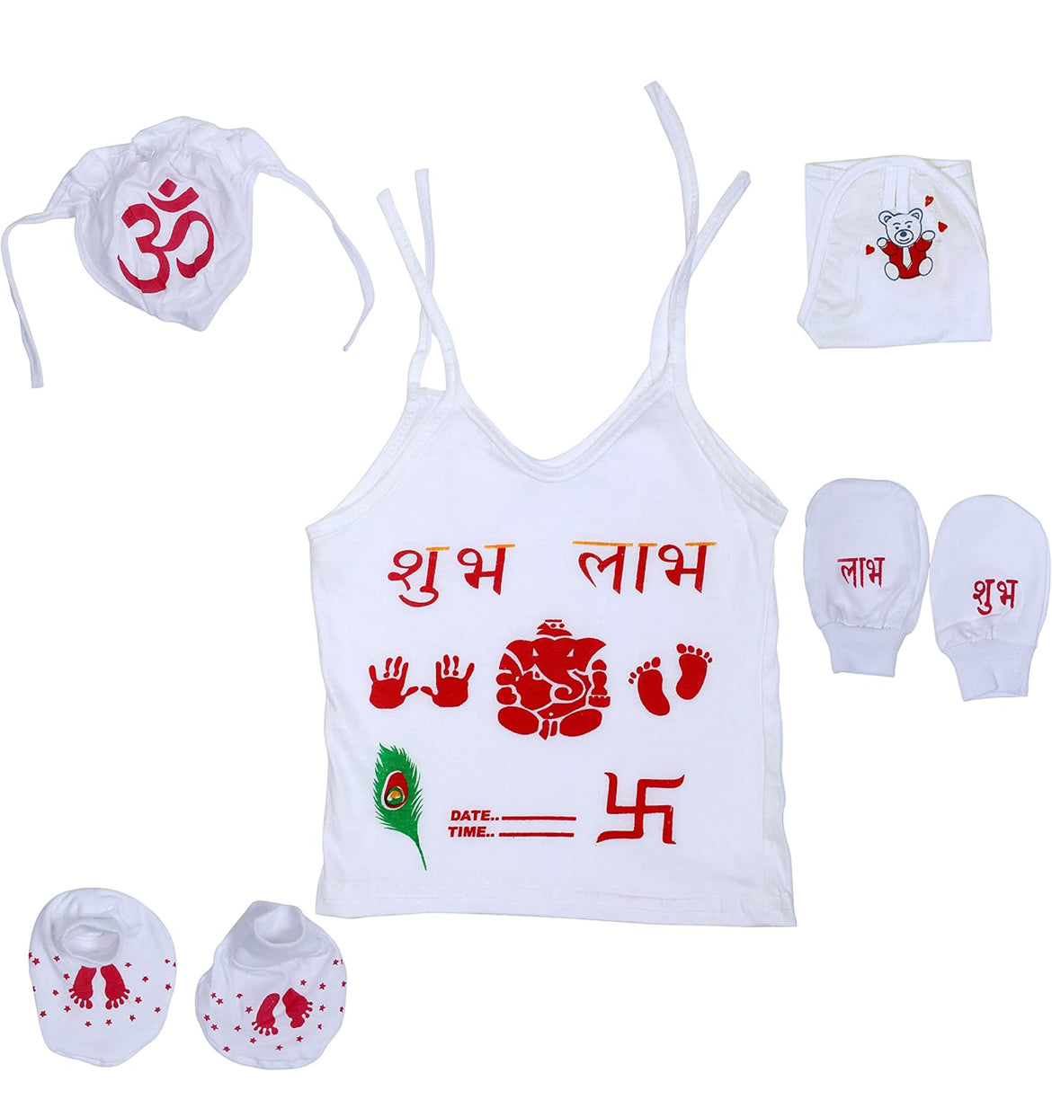 Baby Boy's and Baby Girl's Hand Painted Chatthi Name Ceremony Set of 5 Pieces (White, 0-3 Months) Multi Designs