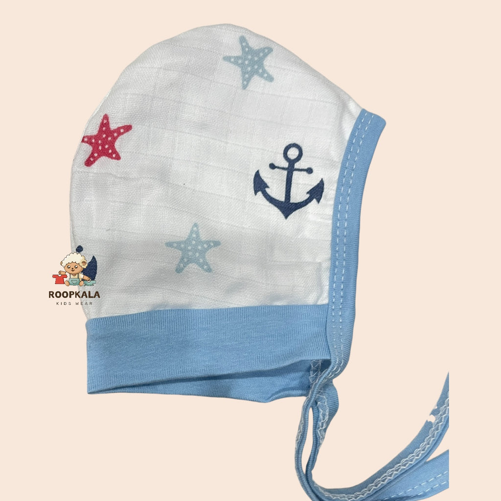Double Layer Muslin Cotton Baby Cap | Ear Cover Design | Soft & Breathable Newborn Summer Cap | 0-3 months