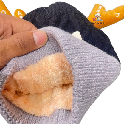 Soft Knitted Baby Winter Cap with Cute Animal Ears and Cartoon Patch – Warm and Comfortable (6 moths to 3 years)(black)