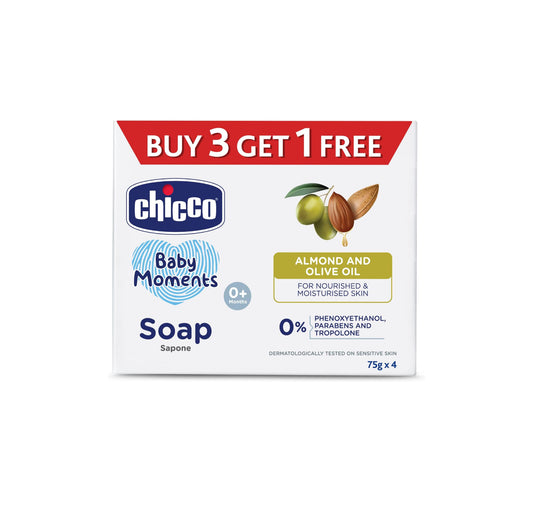 Chicco Baby Moments Soap 75g Buy 3 Get 1 Free For Nourished & Moisturised Skin With Natural Care of Almond & Olive Oil
