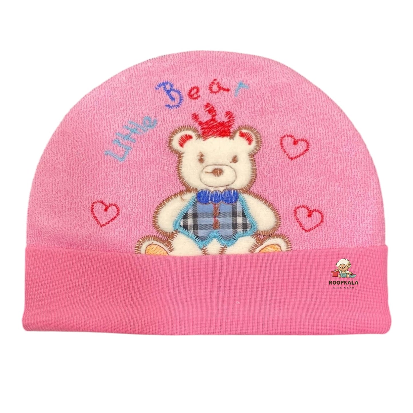 Embroidered teddy fancy Supersoft Cotton Hosiery Caps for 6 to 12 Months Baby Boys and Baby Girls (pink)