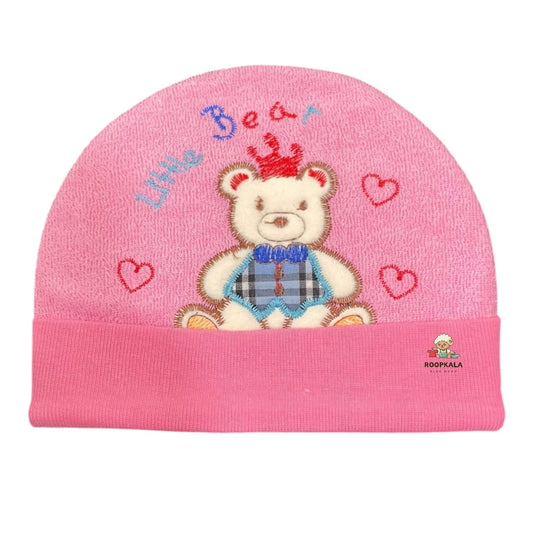 Embroidered teddy fancy Supersoft Cotton Hosiery Caps for 6 to 12 Months Baby Boys and Baby Girls (pink)
