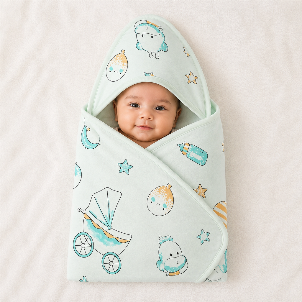 Pure 100% Cotton Baby Hooded Towel Wrapper | Tiffany Blue-Green Shade with Cradle & Feeding Bottle Prints | 80x80 cm