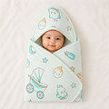 Pure 100% Cotton Baby Hooded Towel Wrapper | Tiffany Blue-Green Shade with Cradle & Feeding Bottle Prints | 80x80 cm