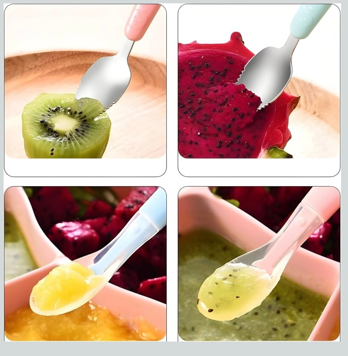 Double Head 2 in 1 Silicone Baby Soft Tip Spoon & Stainless Steel Fruit Scraper Spoon for Toddler | Multi-Use Bpa Free Fruit Scraping & Feeding Spoons with Travel Case
