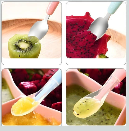 Double Head 2 in 1 Silicone Baby Soft Tip Spoon & Stainless Steel Fruit Scraper Spoon for Toddler | Multi-Use Bpa Free Fruit Scraping & Feeding Spoons with Travel Case
