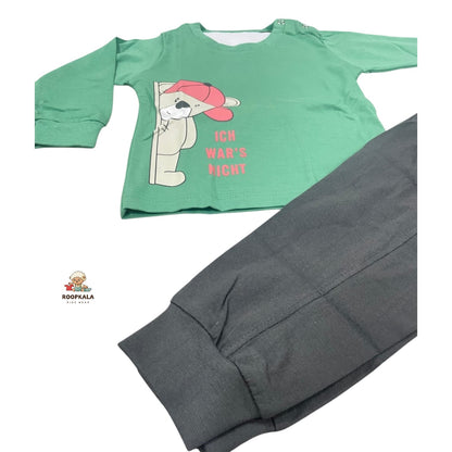 Baby Cotton Suit 0–6 Months – Soft & Comfortable Daily Wear Set| teddy print (green)