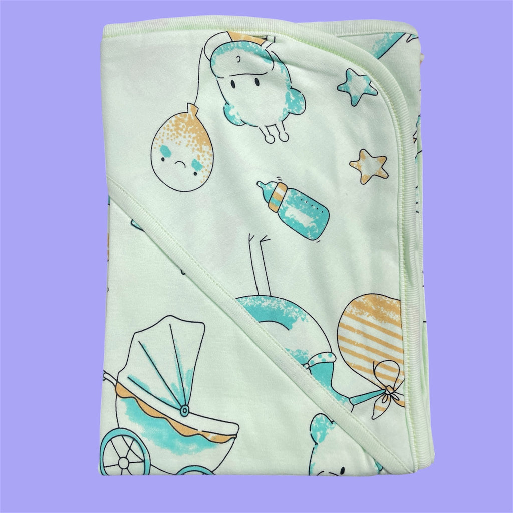 Pure 100% Cotton Baby Hooded Towel Wrapper | Tiffany Blue-Green Shade with Cradle & Feeding Bottle Prints | 80x80 cm