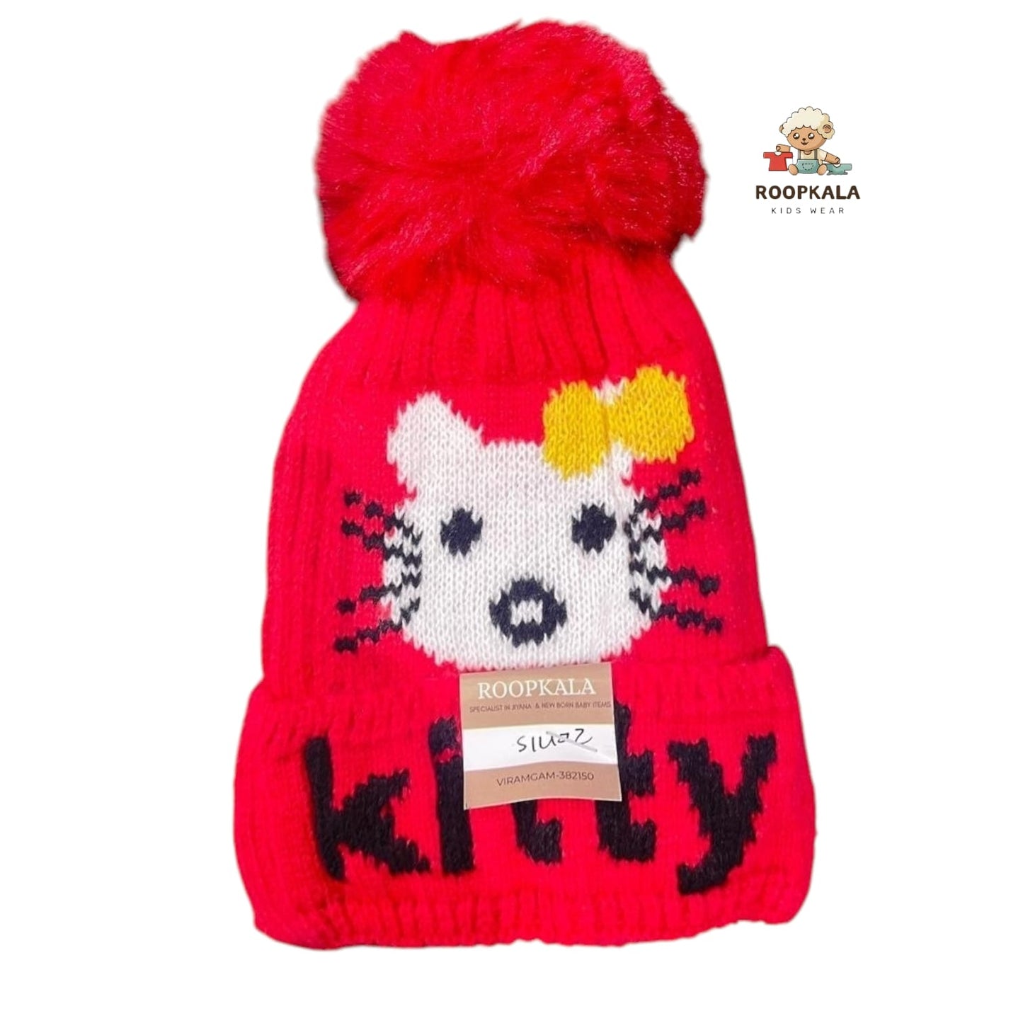 Soft Knitted Baby Winter Cap with Pom-Pom and Cartoon Face Design – Warm Beanie for 6 Months to 3 Years (red)
