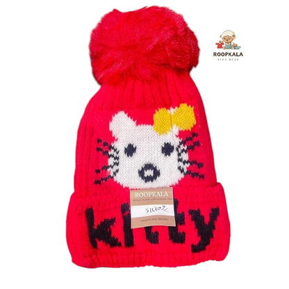 Soft Knitted Baby Winter Cap with Pom-Pom and Cartoon Face Design – Warm Beanie for 6 Months to 3 Years (red)