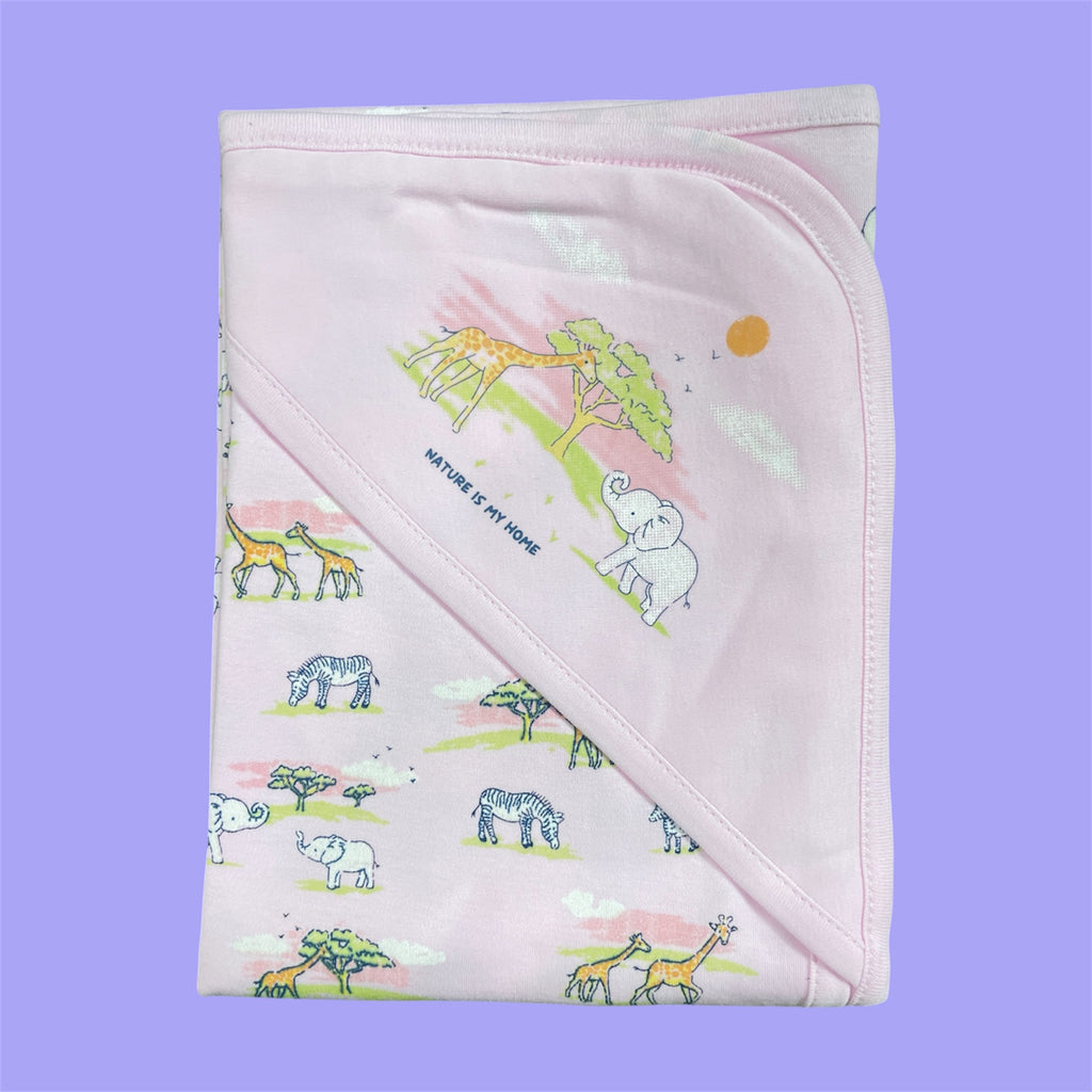 Pure 100% Cotton Baby Hooded Towel Wrapper | Pink Colour with Zebra, Giraffe & Elephant Prints | 80x80 cm