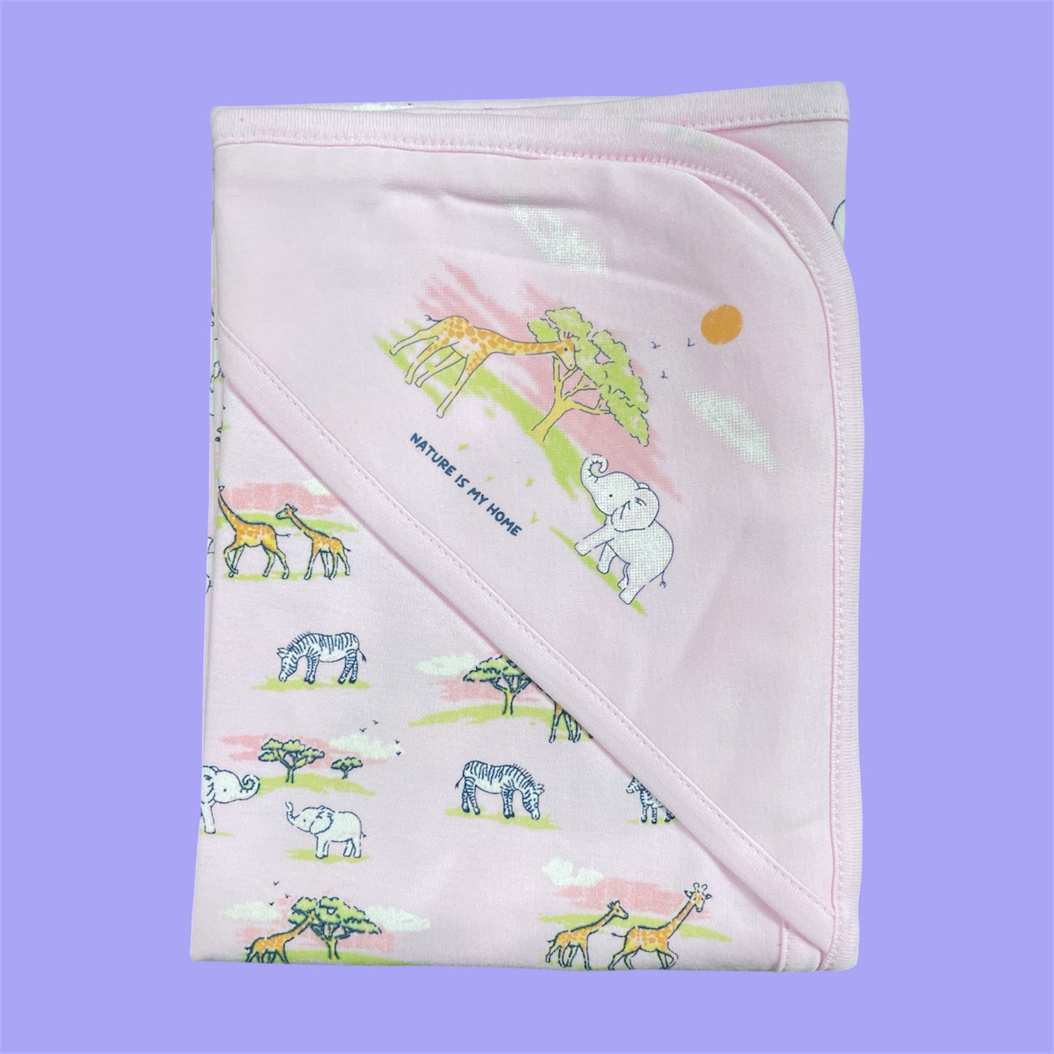 Pure 100% Cotton Baby Hooded Towel Wrapper | Pink Colour with Zebra, Giraffe & Elephant Prints | 80x80 cm