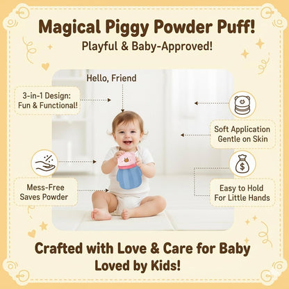 Powder Puff Box – Bear Design | with Soft Applicator for Newborns & Infants |(Pig Powder Puff)(blue)
