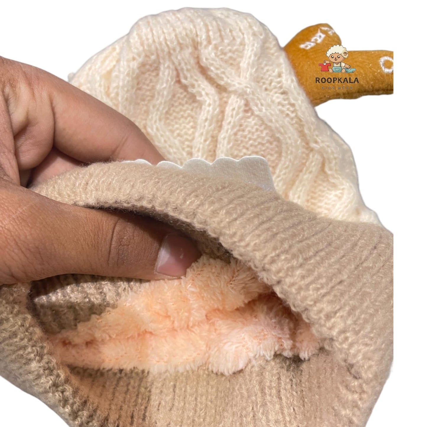 Soft Knitted Baby Winter Cap with Cute Animal Ears and Cartoon Patch – Warm and Comfortable (6 moths to 3 years)(cream)