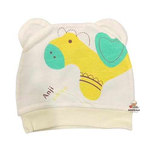 Printed Fancy and Supersoft stretchable  Cotton Hosiery Caps for 6 to 12 Months Baby Boys and Baby Girls (cream and cartoon print)