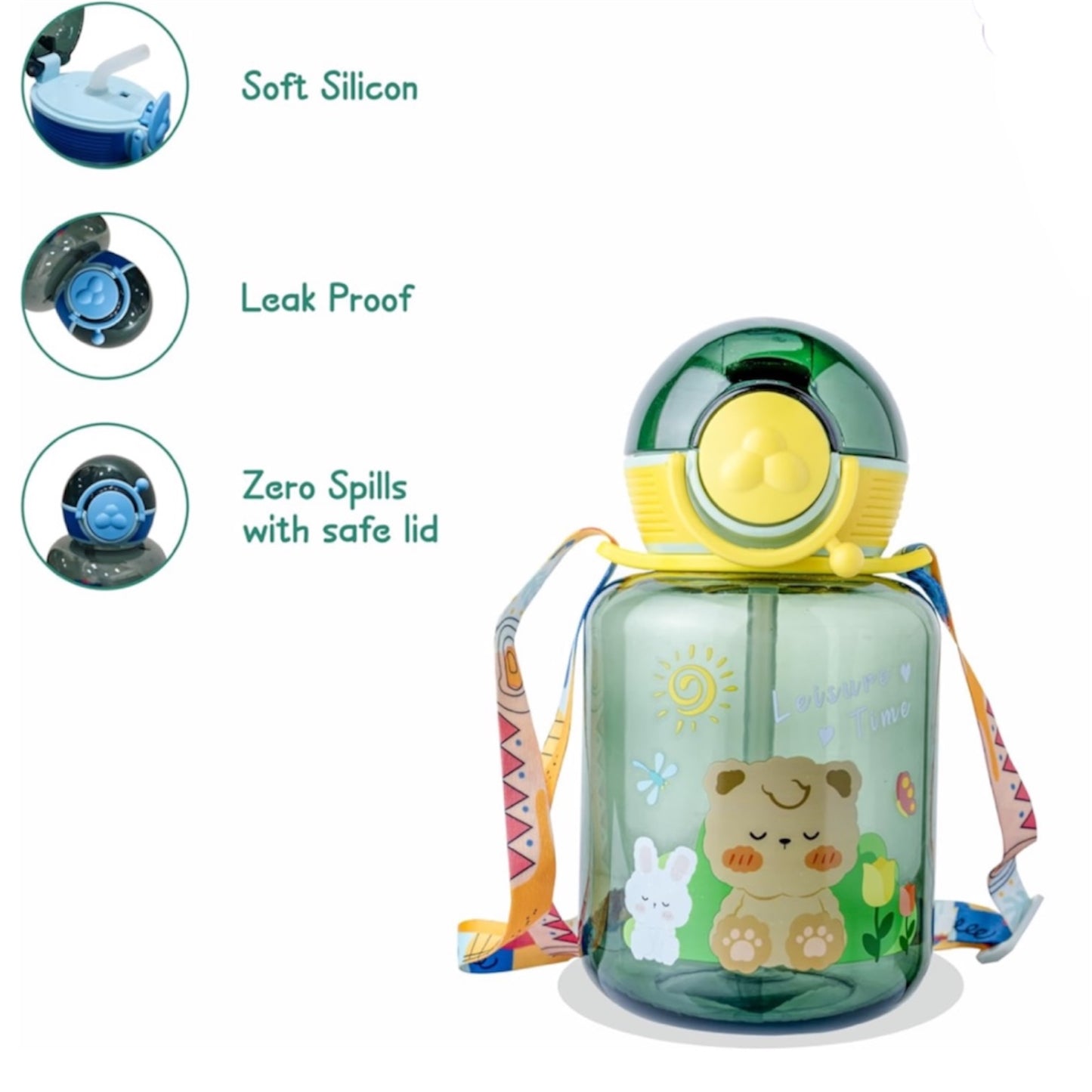 Baby Sipper Bottle Leak Proof Anti Spill dark Green Bottle Dust Free Cover 640ml Kids Sippy Cup with Soft Silicone Spout BPA Free Straw and Additional Belt Sipper for Infant