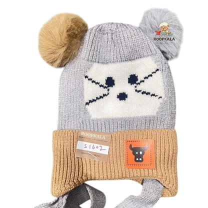 Double Pom-Pom Animal Ear Baby Winter Cap | Soft Knitted Cartoon Face Beanie for 6 Months to 3 Years (grey)