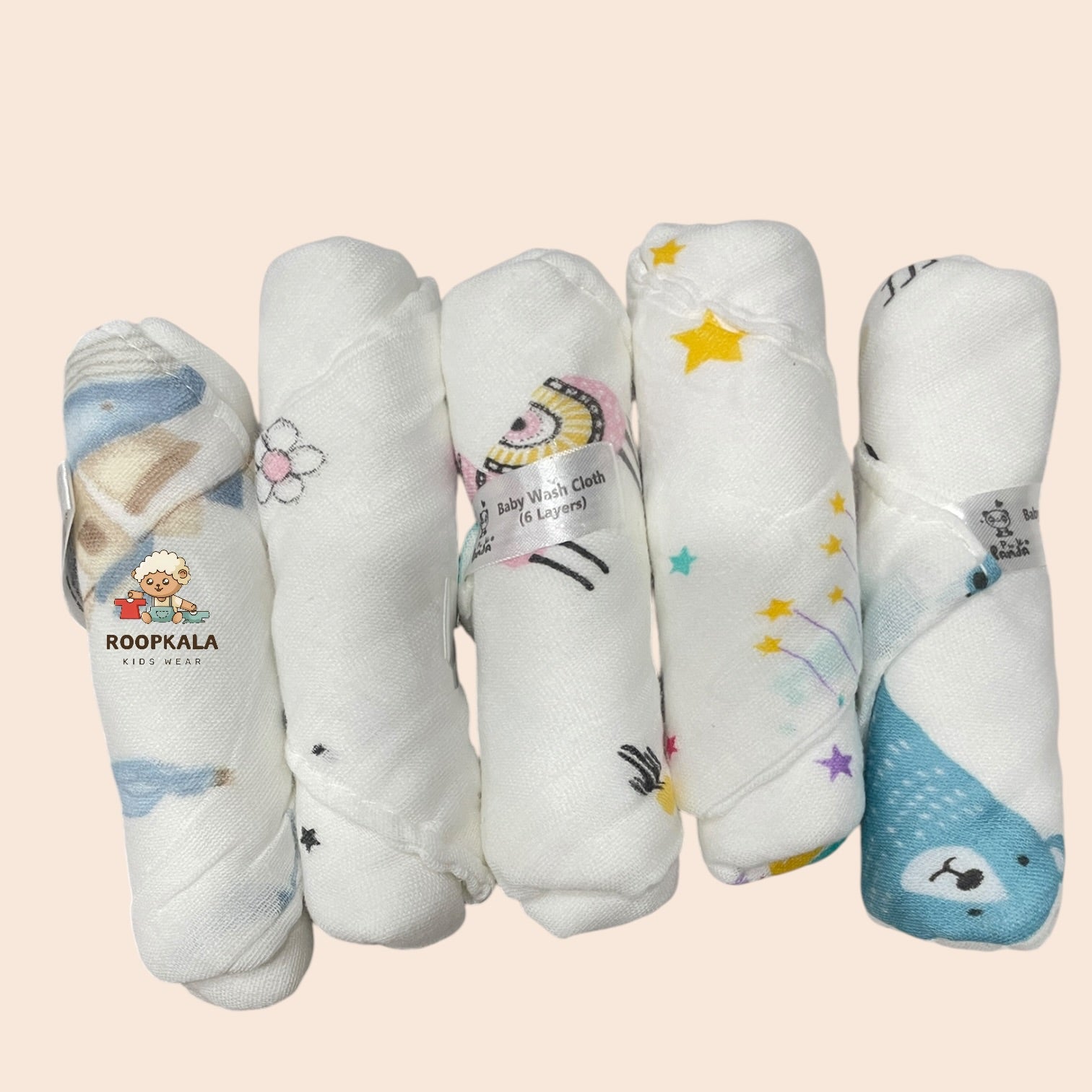 6 Layer Muslin Cotton Baby Hanky Set | White Colour with Assorted Cute Prints | 25x25 cm
