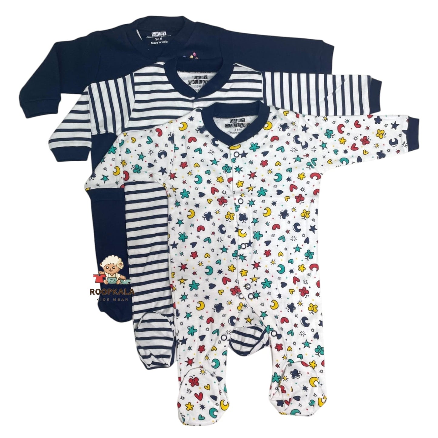 Baby Romper Set of 3 – 3-6 Months | Plain, Stripe & Cartoon Print (set of blue)