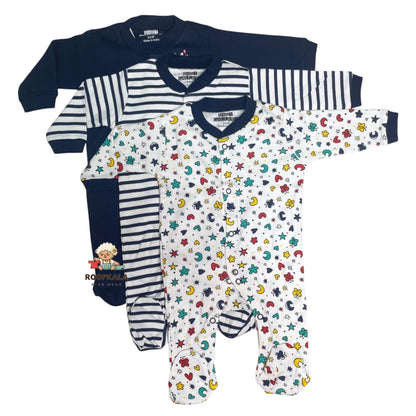 Baby Romper Set of 3 – 3-6 Months | Plain, Stripe & Cartoon Print (set of blue)