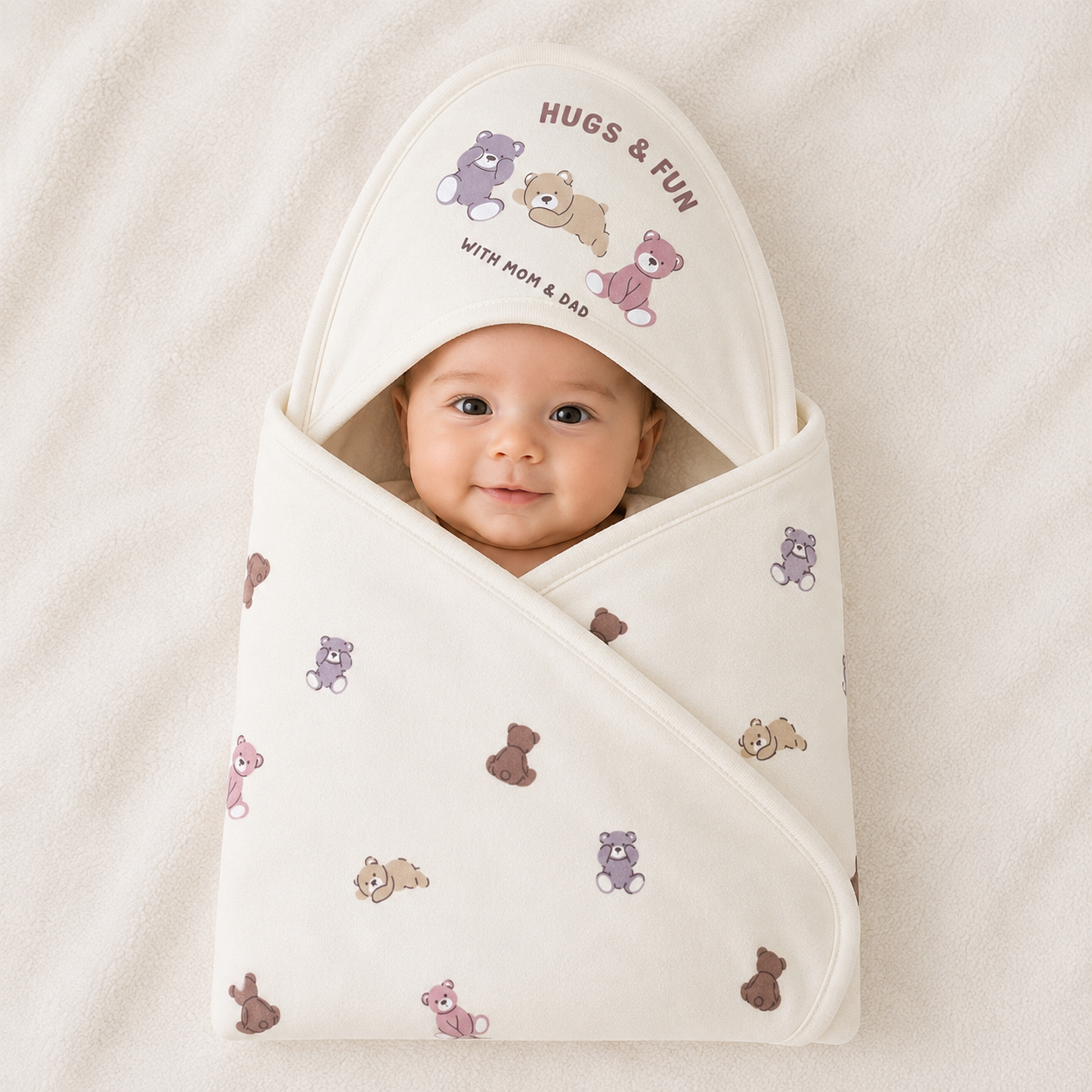 Pure 100% Cotton Baby Hooded Towel Wrapper | Brown Colour with Teddy Bear Prints | 80x80 cm