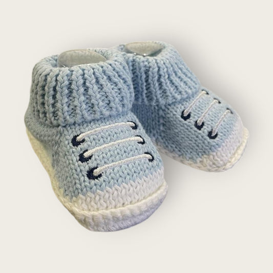 Cozy Woolen Booties for Newborn to 6 Months | Knitted Warm Baby Shoes with Unique Pattern (blue-white)