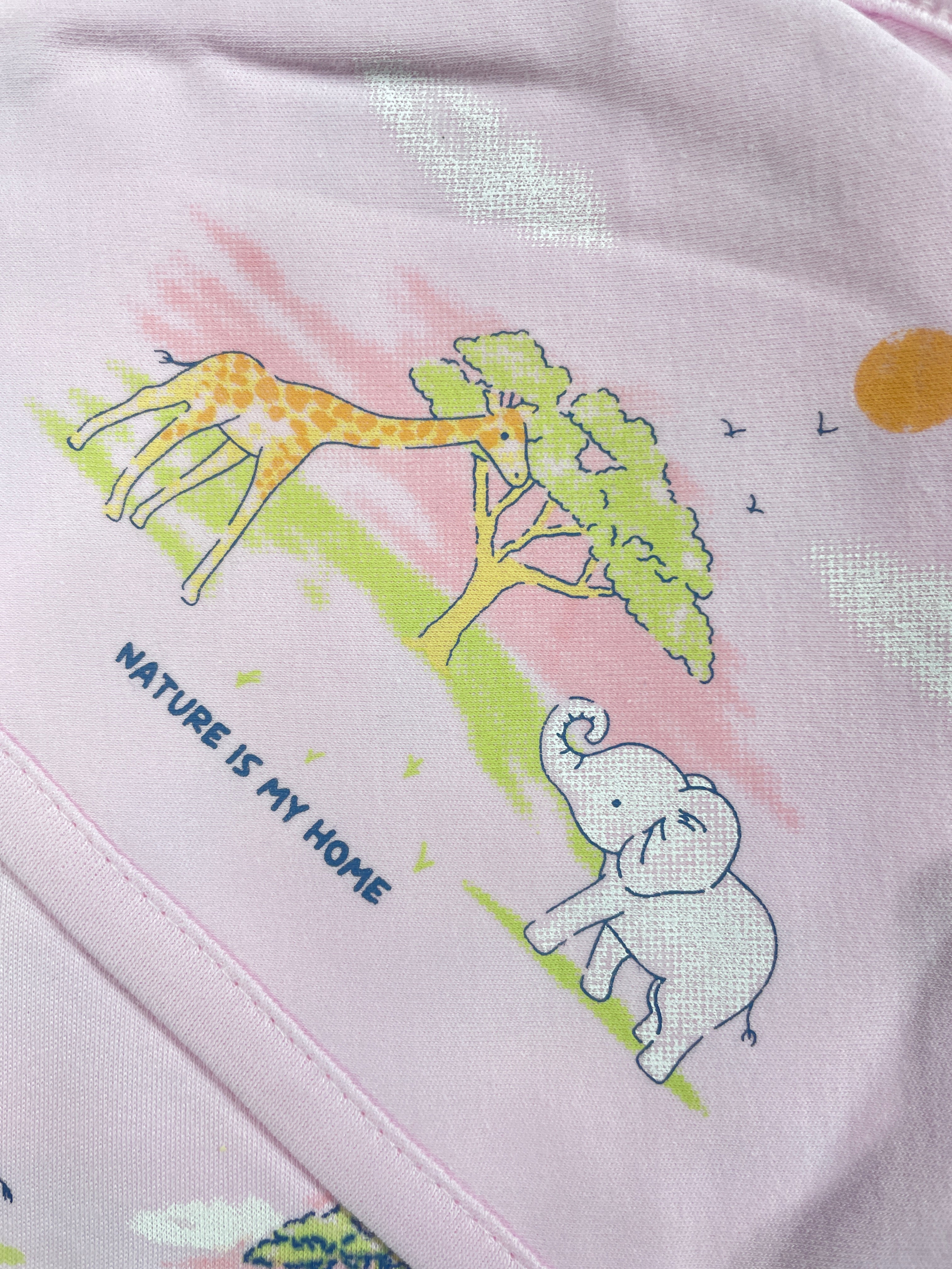 Pure 100% Cotton Baby Hooded Towel Wrapper | Pink Colour with Zebra, Giraffe & Elephant Prints | 80x80 cm