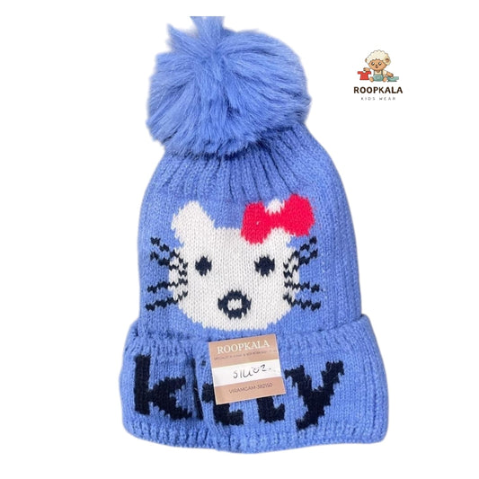Soft Knitted Baby Winter Cap with Pom-Pom and Cartoon Face Design – Warm Beanie for 6 Months to 3 Years( blue)