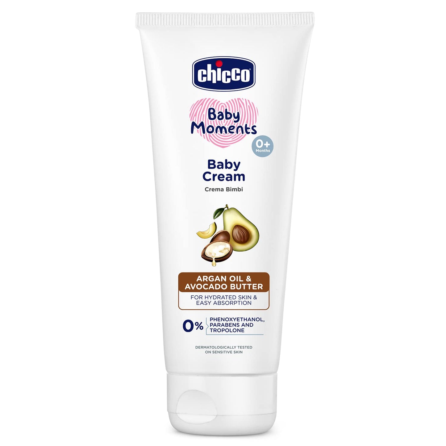 Chicco Baby Moments Baby Cream for Babies with Argan Oil & Avocado Butter, 100g| Natural Ingredients for Hydrated Skin | Dermatologically Tested | Phenoxyethanol, Parabens & Lauryl sulphates free