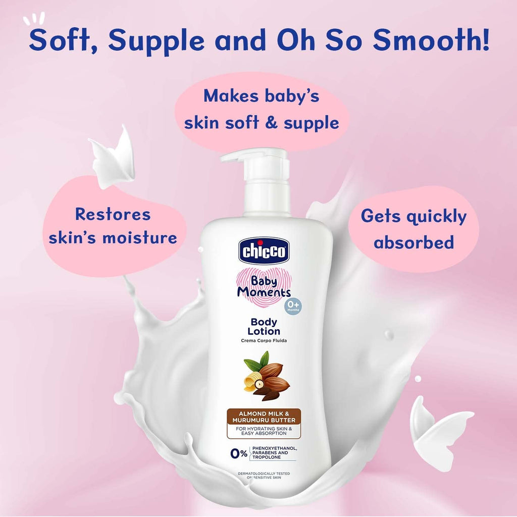 Chicco Baby Moments Body Lotion 200ml | Almond Milk & Murumuru Butter | Quick Absorb Formula with Natural Ingredients for Ultra Soft Skin | Dermatologically Tested | Parabens & Phenoxyethanol Free