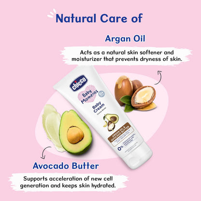 Chicco Baby Moments Baby Cream for Babies with Argan Oil & Avocado Butter, 100g| Natural Ingredients for Hydrated Skin | Dermatologically Tested | Phenoxyethanol, Parabens & Lauryl sulphates free