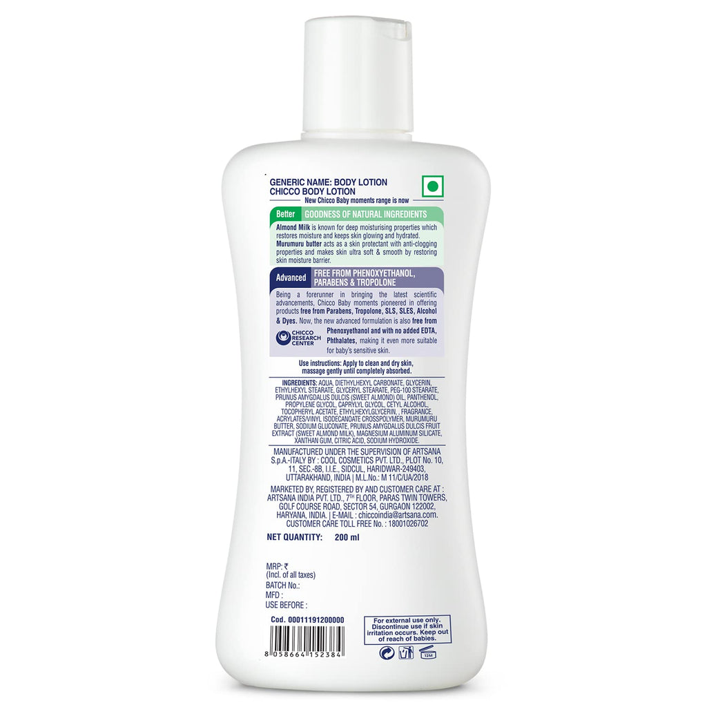 Chicco Baby Moments Body Lotion 200ml | Almond Milk & Murumuru Butter | Quick Absorb Formula with Natural Ingredients for Ultra Soft Skin | Dermatologically Tested | Parabens & Phenoxyethanol Free