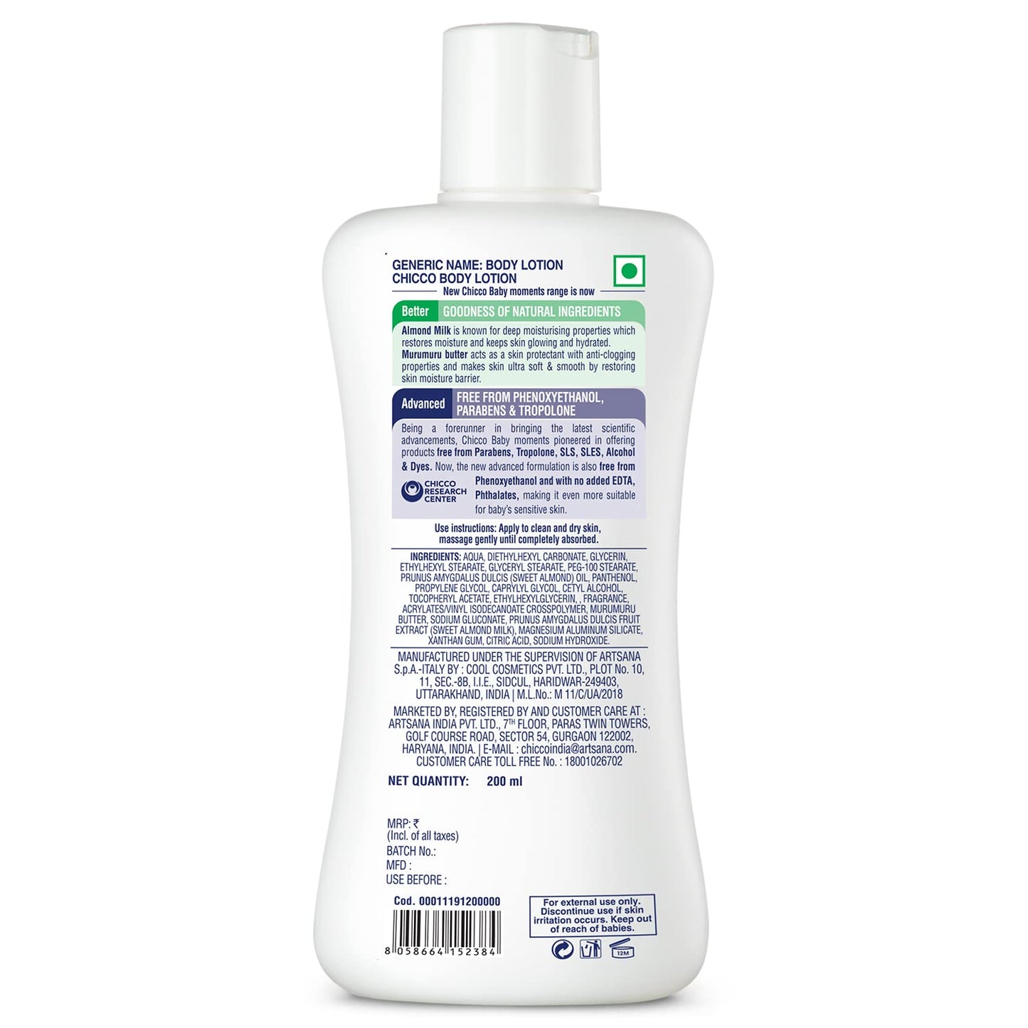 Chicco Baby Moments Body Lotion  | Almond Milk & Murumuru Butter | Quick Absorb Formula with Natural Ingredients for Ultra Soft Skin | Dermatologically Tested | Parabens & Phenoxyethanol Free