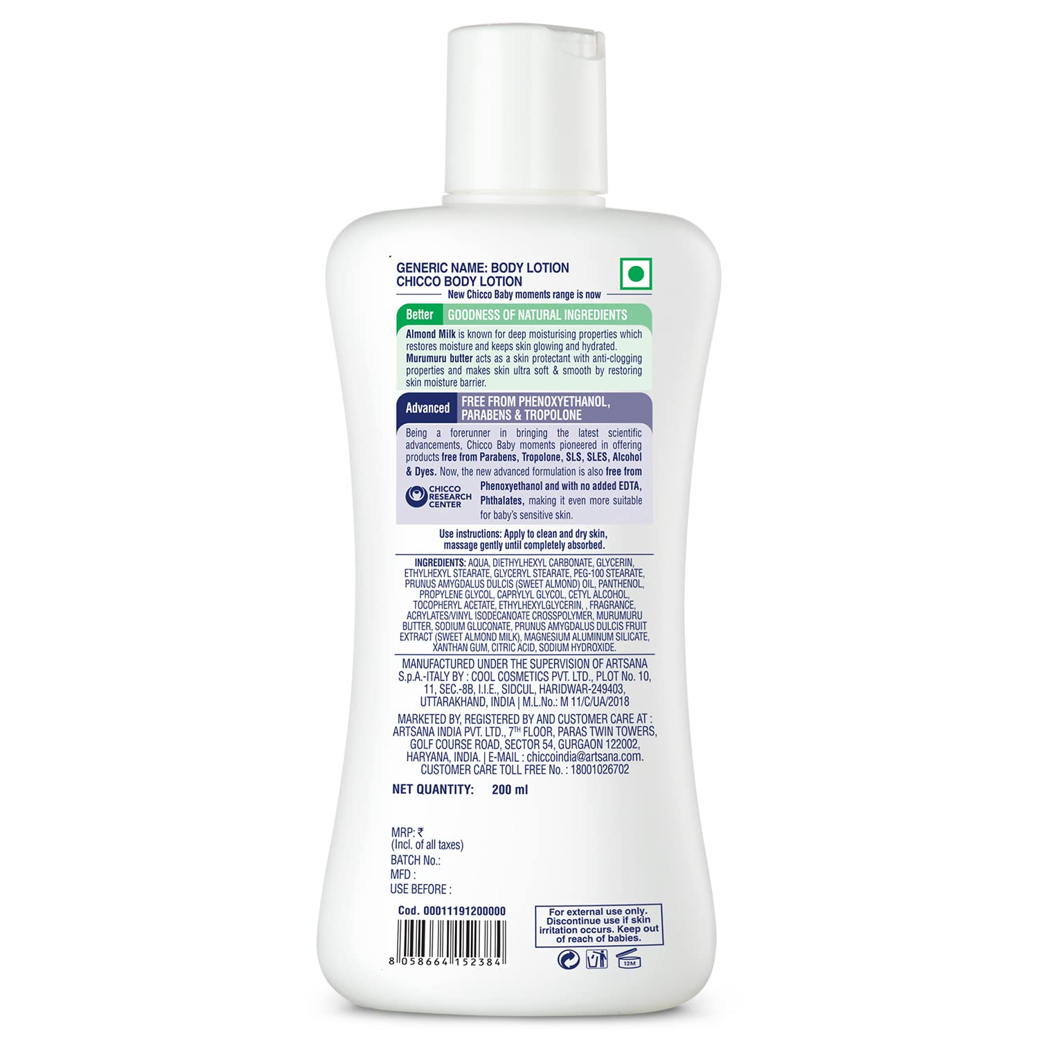 Chicco Baby Moments Body Lotion 200ml | Almond Milk & Murumuru Butter | Quick Absorb Formula with Natural Ingredients for Ultra Soft Skin | Dermatologically Tested | Parabens & Phenoxyethanol Free