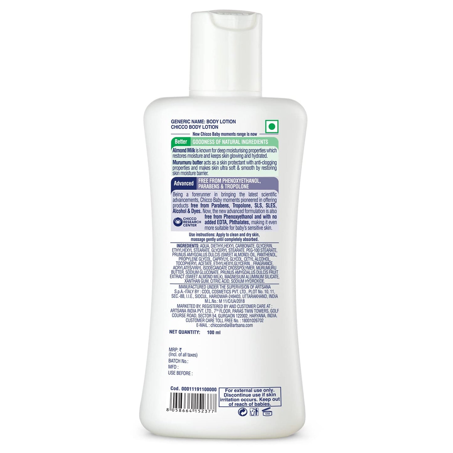 Chicco Baby Moments Body Lotion  | Almond Milk & Murumuru Butter | Quick Absorb Formula with Natural Ingredients for Ultra Soft Skin | Dermatologically Tested | Parabens & Phenoxyethanol Free