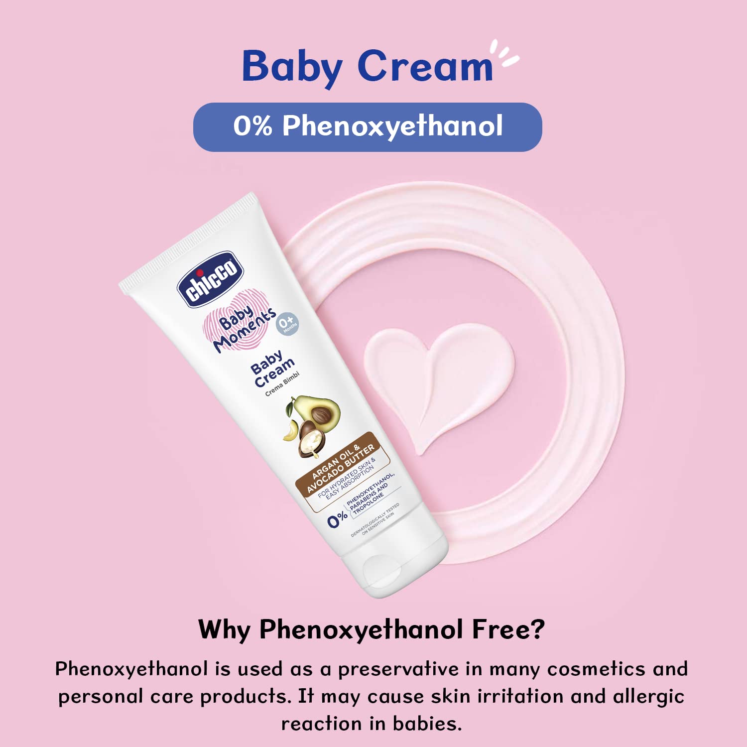 Chicco Baby Moments Baby Cream for Babies with Argan Oil & Avocado Butter, 100g| Natural Ingredients for Hydrated Skin | Dermatologically Tested | Phenoxyethanol, Parabens & Lauryl sulphates free