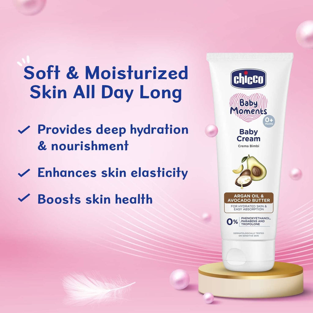 Chicco Baby Moments Baby Cream for Babies with Argan Oil & Avocado Butter, 100g| Natural Ingredients for Hydrated Skin | Dermatologically Tested | Phenoxyethanol, Parabens & Lauryl sulphates free