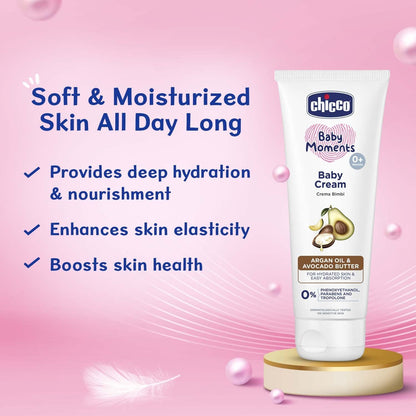 Chicco Baby Moments Baby Cream for Babies with Argan Oil & Avocado Butter, 100g| Natural Ingredients for Hydrated Skin | Dermatologically Tested | Phenoxyethanol, Parabens & Lauryl sulphates free