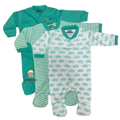 Baby Romper Set of 3 – 3-6 Months | Plain, Stripe & Cartoon Print (set of green-pista)