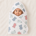 Muslin Cotton Blend Baby Swaddle Blanket | Light Blue Colour with Big Teddy Print