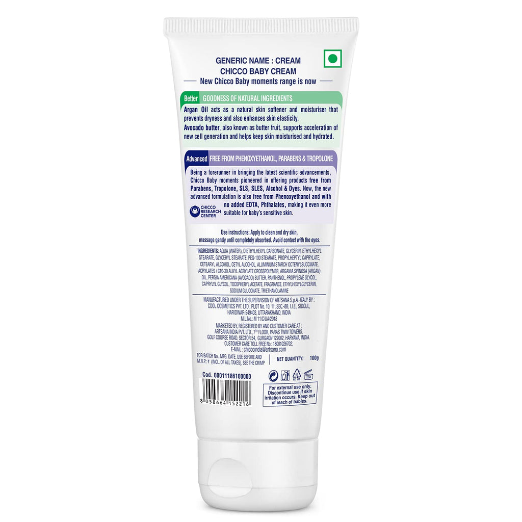 Chicco Baby Moments Baby Cream for Babies with Argan Oil & Avocado Butter, 100g| Natural Ingredients for Hydrated Skin | Dermatologically Tested | Phenoxyethanol, Parabens & Lauryl sulphates free