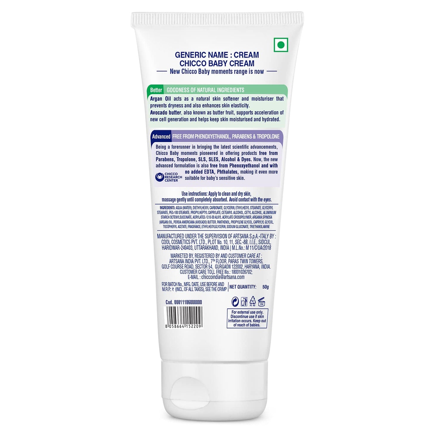 Chicco Baby Moments Baby Cream for Babies with Argan Oil & Avocado Butter, 100g| Natural Ingredients for Hydrated Skin | Dermatologically Tested | Phenoxyethanol, Parabens & Lauryl sulphates free
